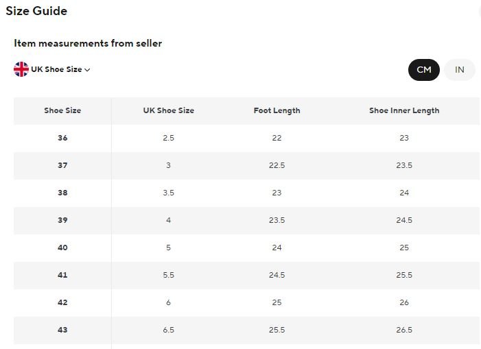 Barefoot Shoe Fitting Guide Example Size Chart